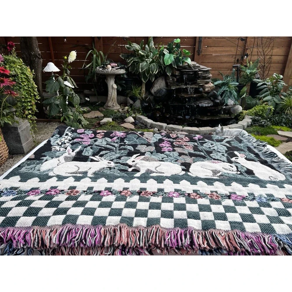 Vtg Claire Murray Foxglove Weavers Tapestry Blanket Throw Garden Bunnies Rabbit